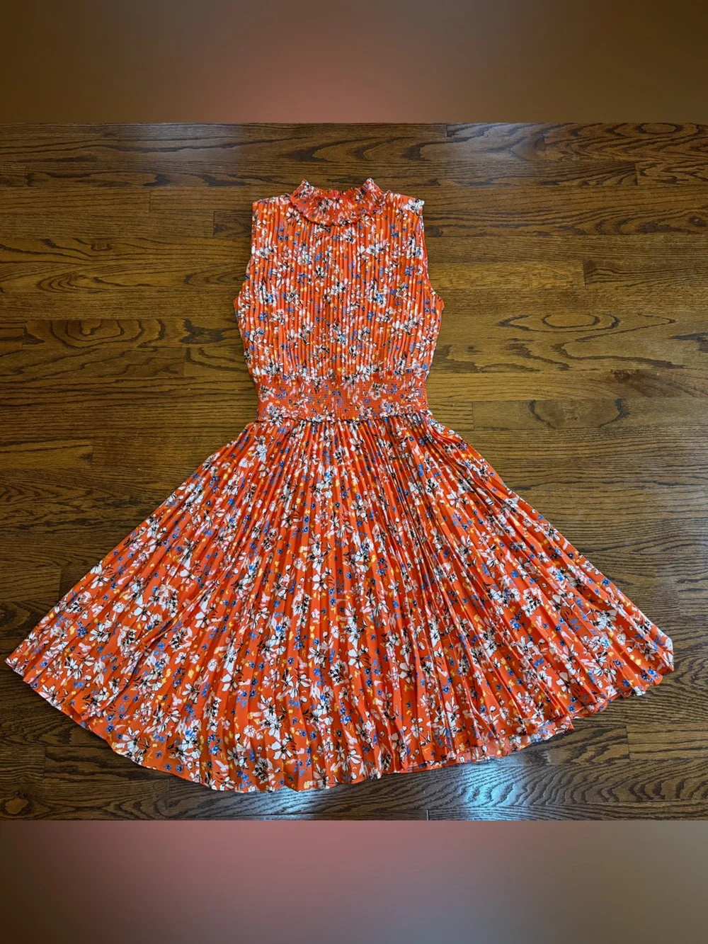 Nanette Lepore Orange Floral A-Line High Neck Pleated Smocked Lined Dress 10